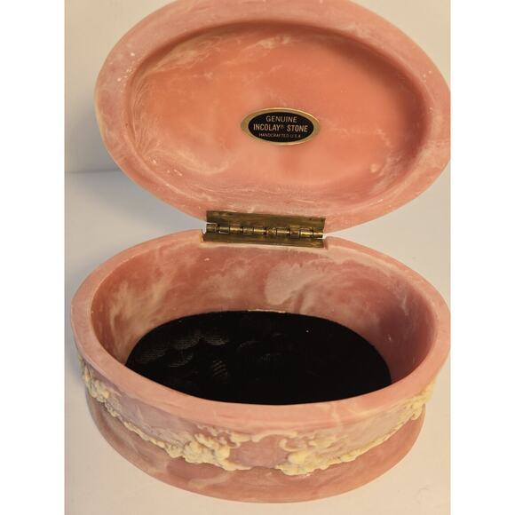 Vintage Genuine Incolay Stone Pink Trinket Dish Box - Picture 6 of 8